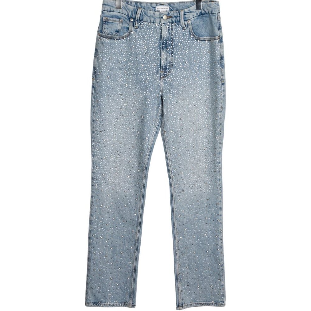Good American High-Rise Straight Leg Jeans with Crystals